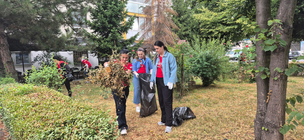 UM Sarajevo employees work together to gather garbage and branches into large bags while cleaning a park in Novo Sarajevo, showing strong team spirit and commitment to community improvement on Impact Day. 